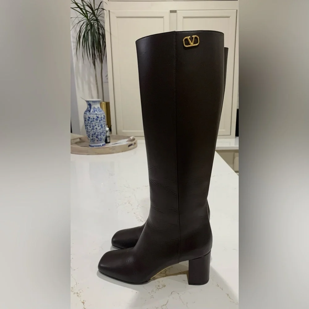Valentino Garavani Dark Brown Leather Boots with Gold V Logo Size 40